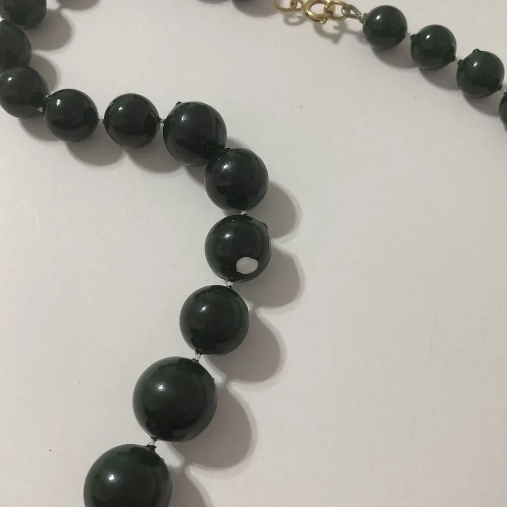 Dark Green Gold Tone Graduation Bead Round Acrylic Necklace Bohemian Hippy